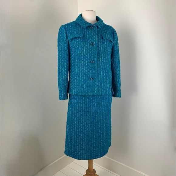 1960s Hahne Co Skirt Suit M Irish Blue Green Chunky Woven Wool 2 pc Mid Century